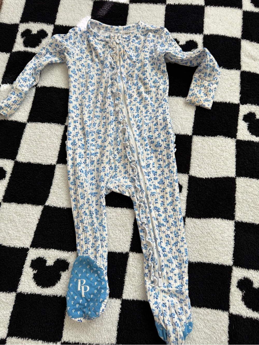 Posh Peanut White Ribbed Footed One-Piece with Blue Floral Print